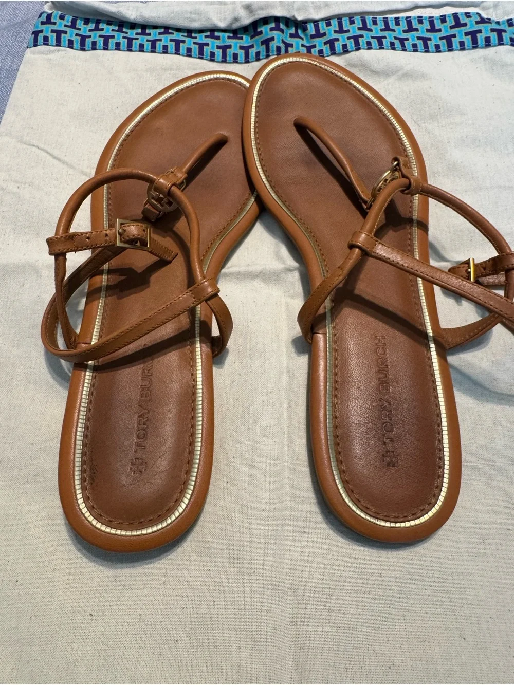 Tory Burch Tan Leather T-Strap Sandals with Gold Trim